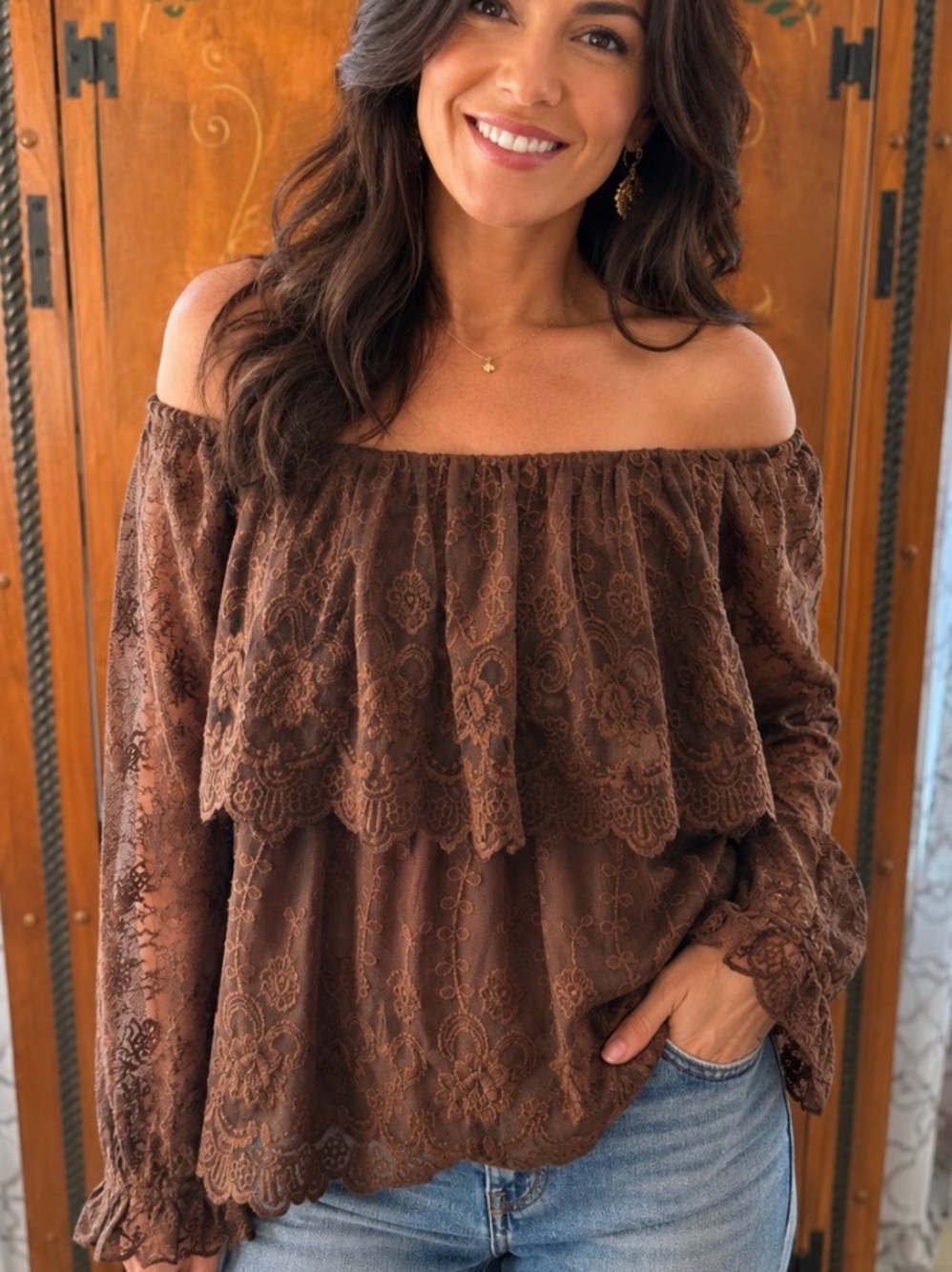 Lucky Brand NWT LARGE Off-Shoulder Brown Lace Tiered Women’s Tunic boho lace